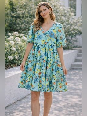a.n.a Aqua Floral Tiered V-Neck Mini Dress